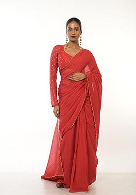 Red Embroidered Cotton Saree