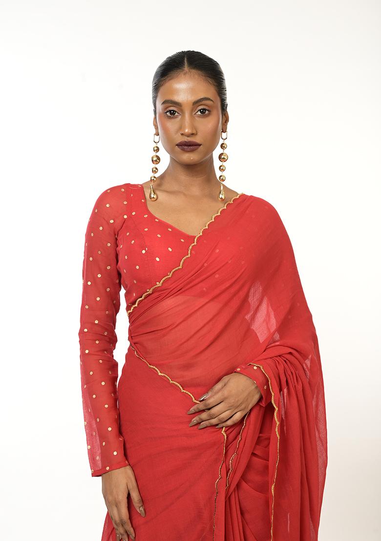 Red Embroidered Cotton Saree