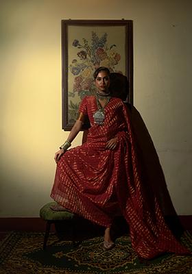 Maroon Embroidered Tissue Saree