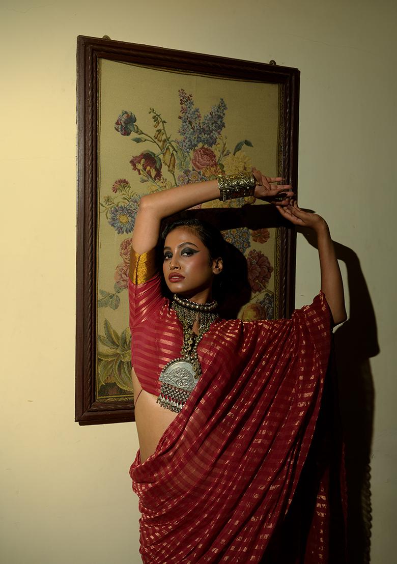 Maroon Embroidered Cotton Saree