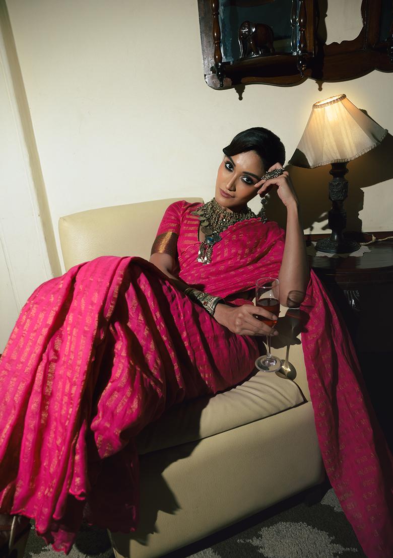 Pink Embroidered Cotton Saree