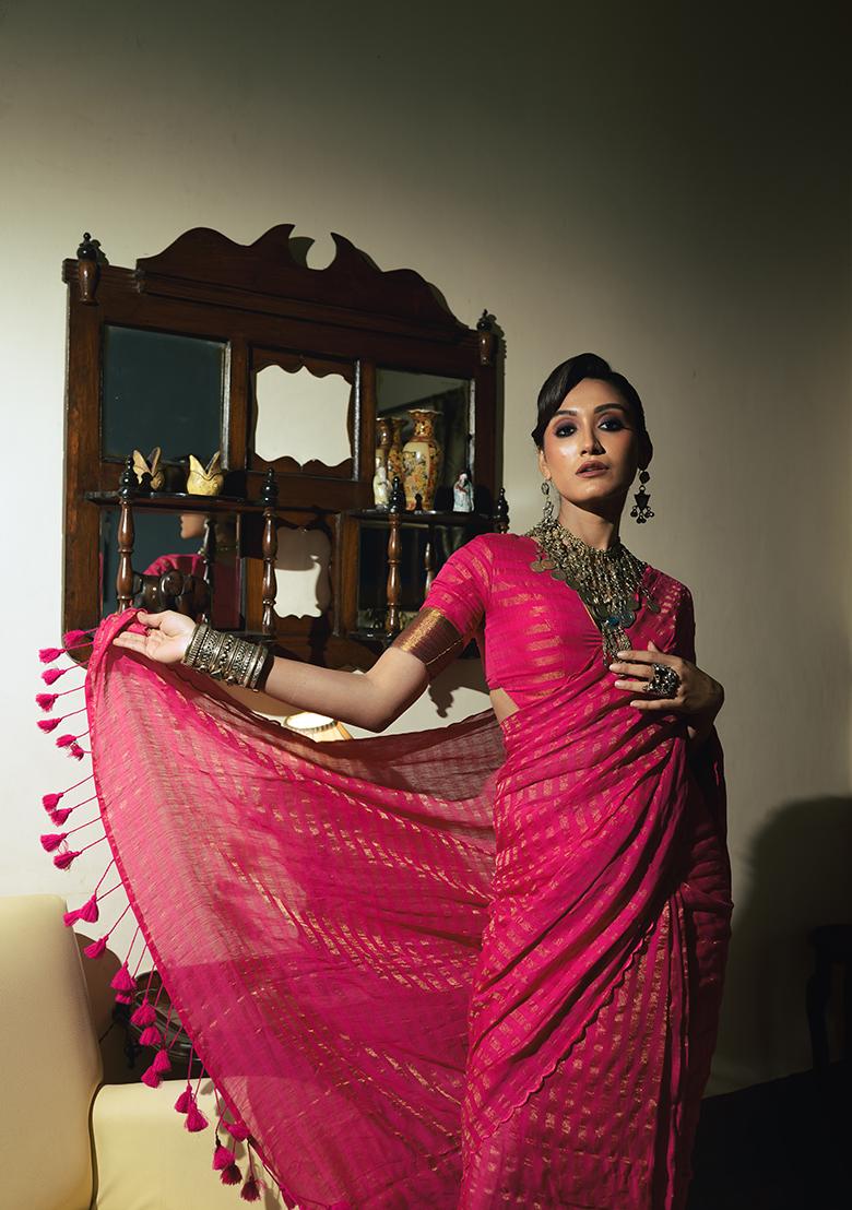 Pink Embroidered Cotton Saree