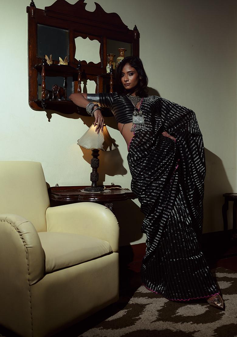 Black Embroidered Cotton Saree