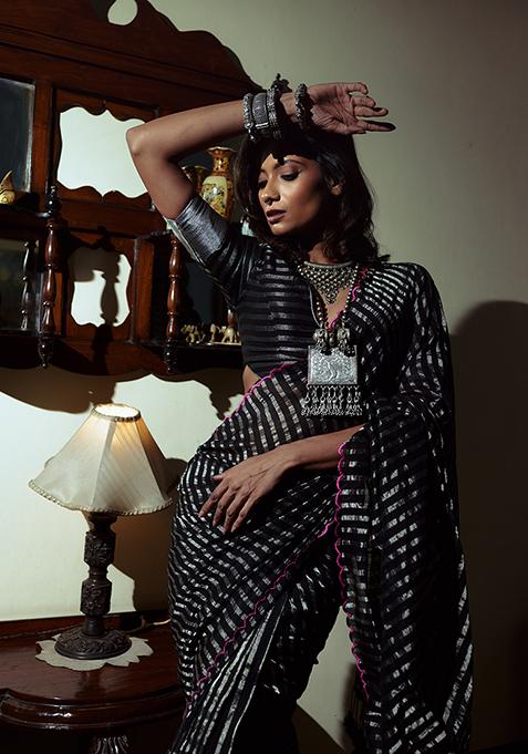 Black Embroidered Tissue Saree