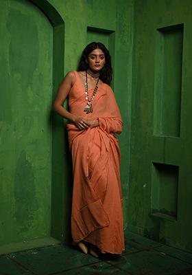 Peach Woven Cotton Saree