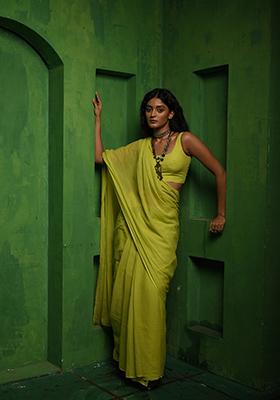 Lime Green Woven Cotton Saree