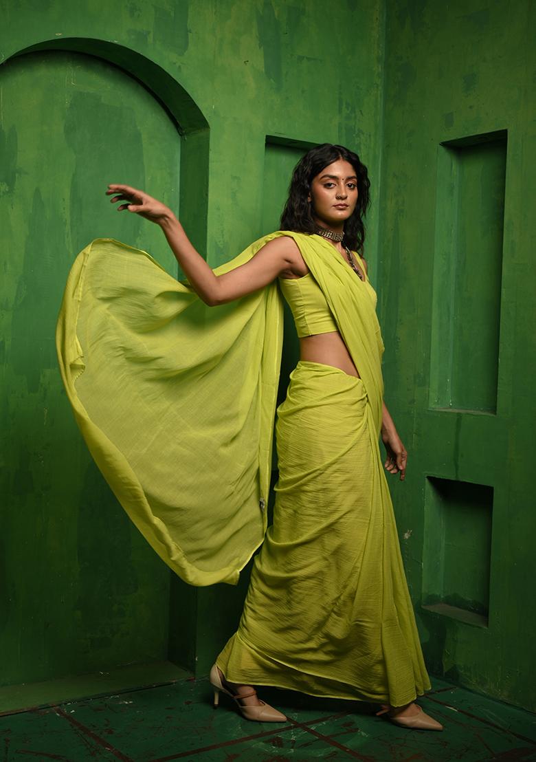 Lime Green Woven Cotton Saree