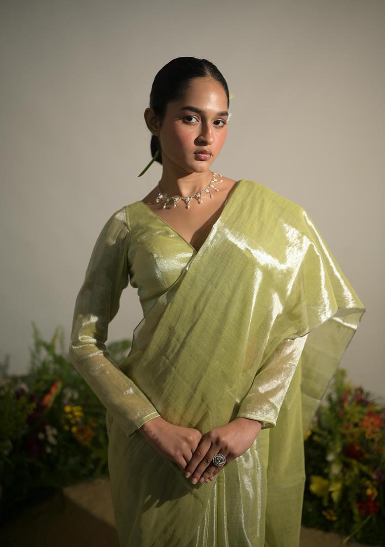 Neon Green Woven Cotton Saree