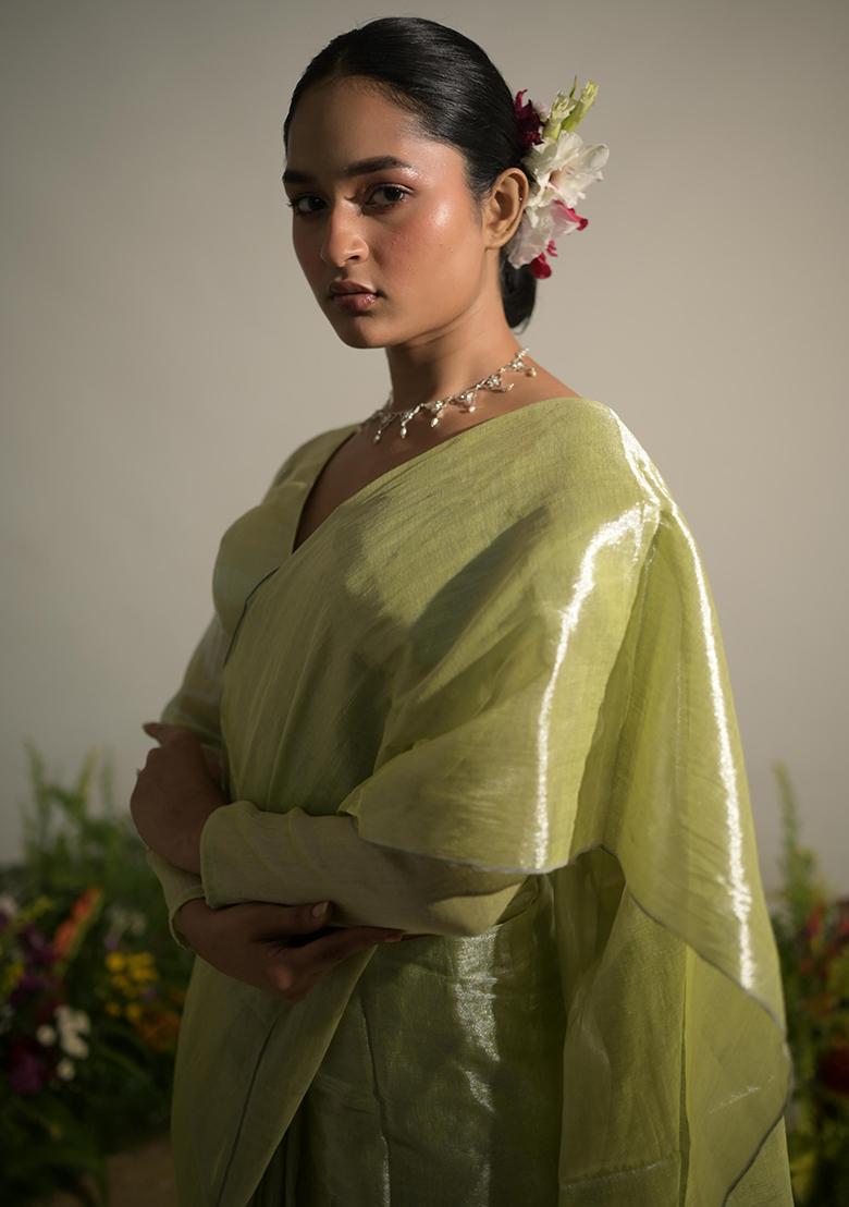 Neon Green Woven Cotton Saree