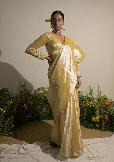 Neon Yellow Woven Tissue Saree