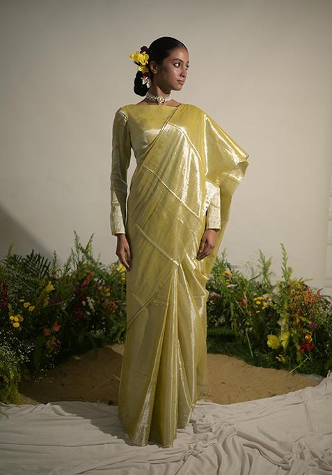 Neon Olive Green Woven Tissue Saree