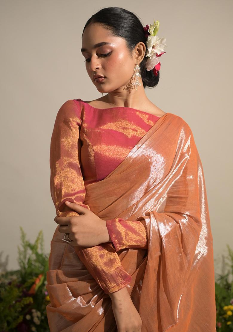 Neon Orange Woven Cotton Saree