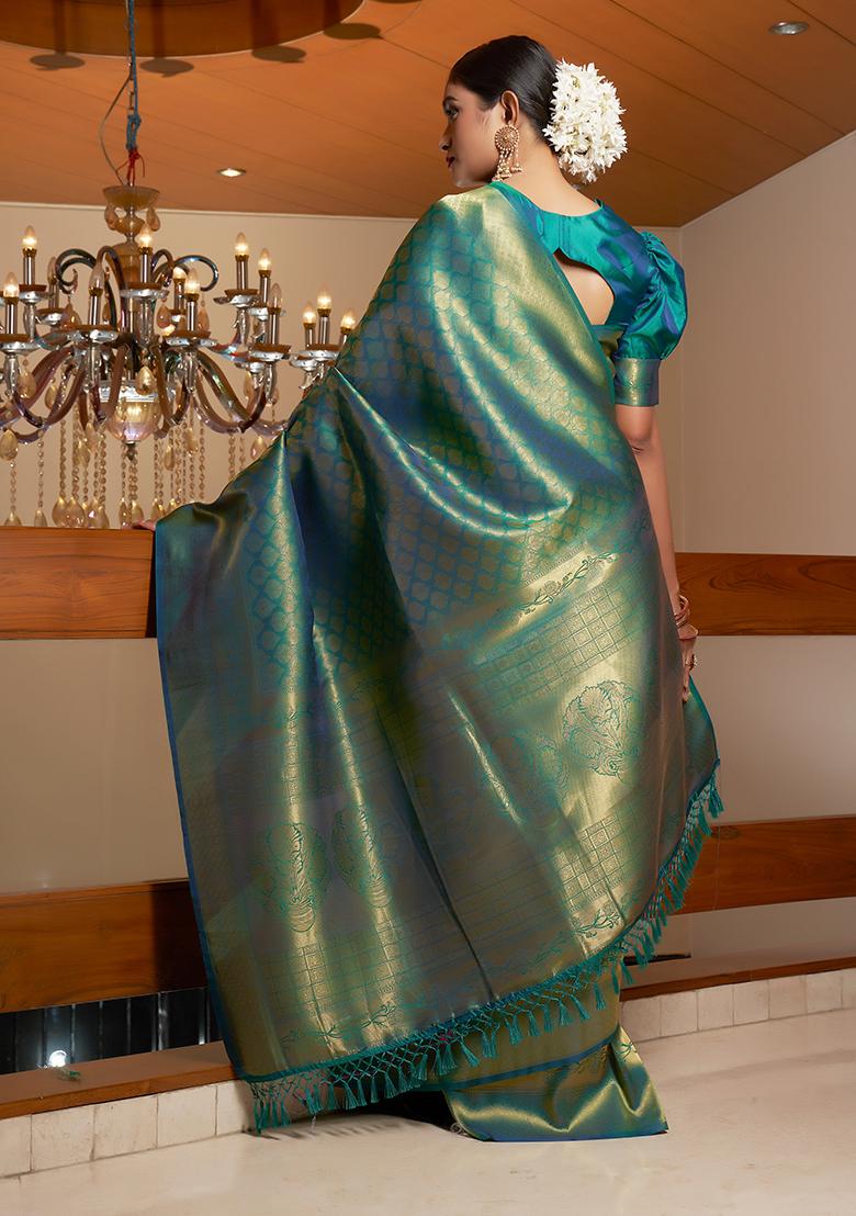 Teal Blue Weaving Blended Silk Saree Set