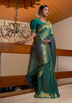 Teal Green Weaving Blended Silk Saree Set