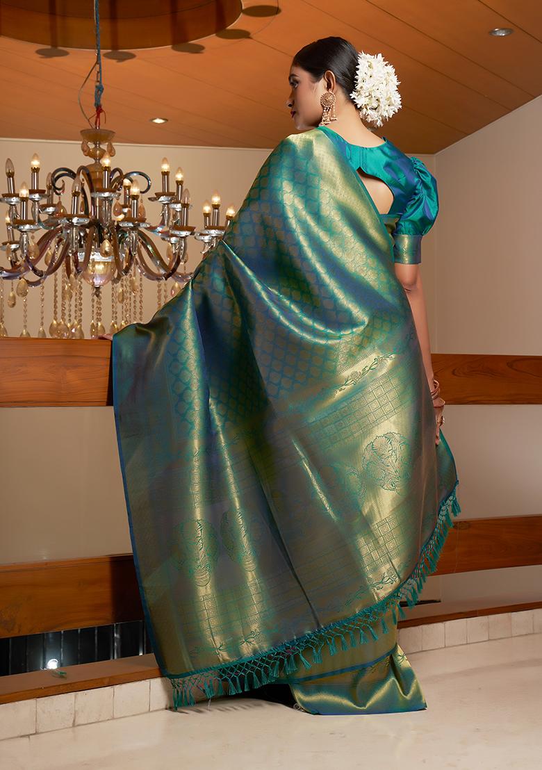 Teal Green Weaving Blended Silk Saree Set