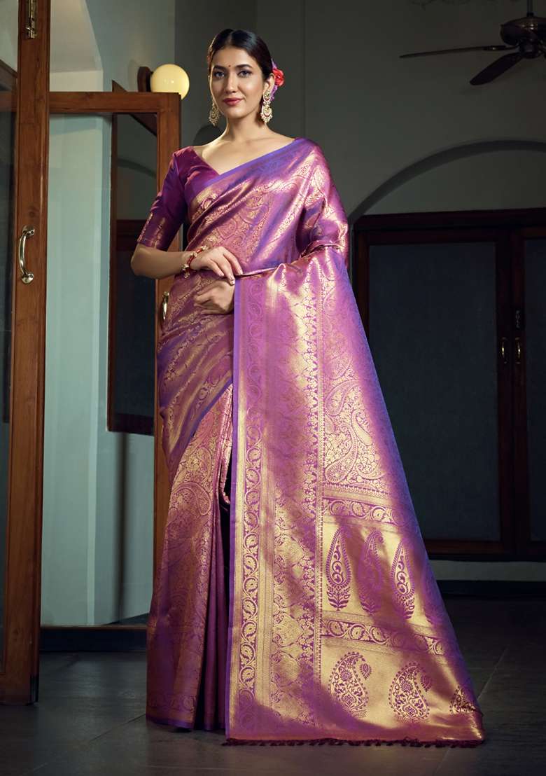 Wine Weaving Art Silk Saree Set for Diwali and Festive Wear - Indya