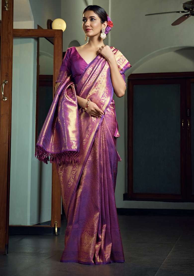 Wine Weaving Art Silk Saree Set for Diwali and Festive Wear - Indya