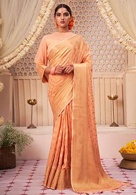 Orange Zari Embroidered Banarasi Silk Saree Set