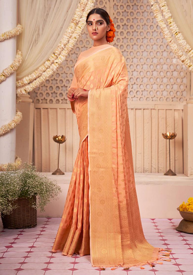 Orange Zari Embroidered Banarasi Silk Saree Set