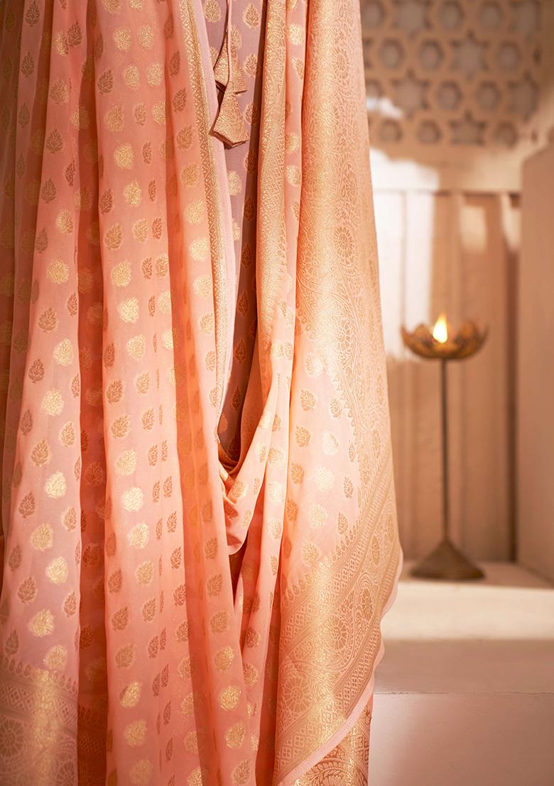 Orange Zari Embroidered Banarasi Silk Saree Set