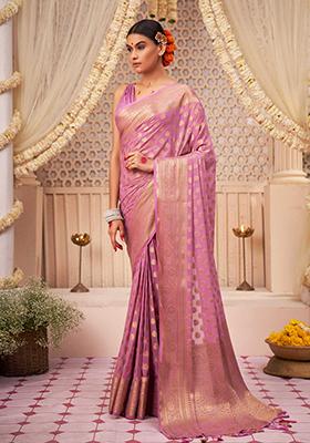 Lilac Zari Embroidered Banarasi Silk Saree Set
