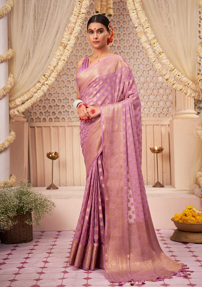 Lilac Zari Embroidered Banarasi Silk Saree Set