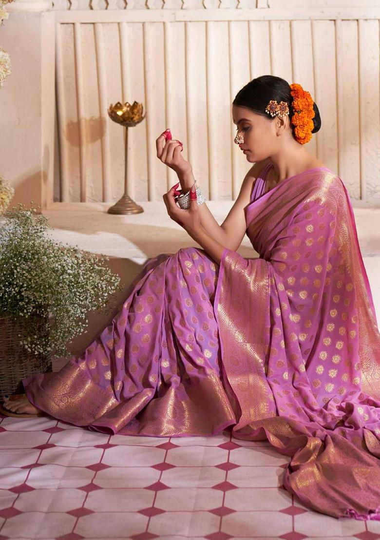 Lilac Zari Embroidered Banarasi Silk Saree Set