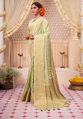 Light Green Zari Embroidered Banarasi Silk Saree Set