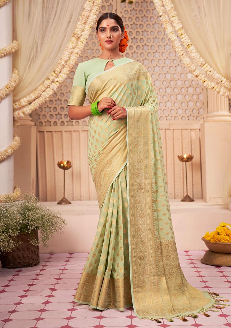Light Green Zari Embroidered Banarasi Silk Saree Set