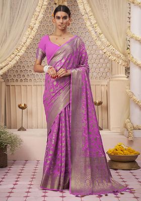 Pink Zari Embroidered Banarasi Silk Saree Set