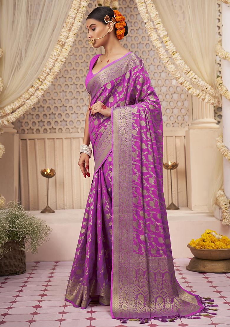 Pink Zari Embroidered Banarasi Silk Saree Set