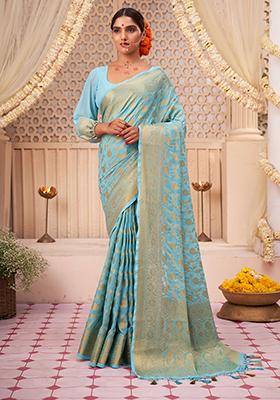  Light Blue Zari Embroidered Banarasi Silk Saree Set