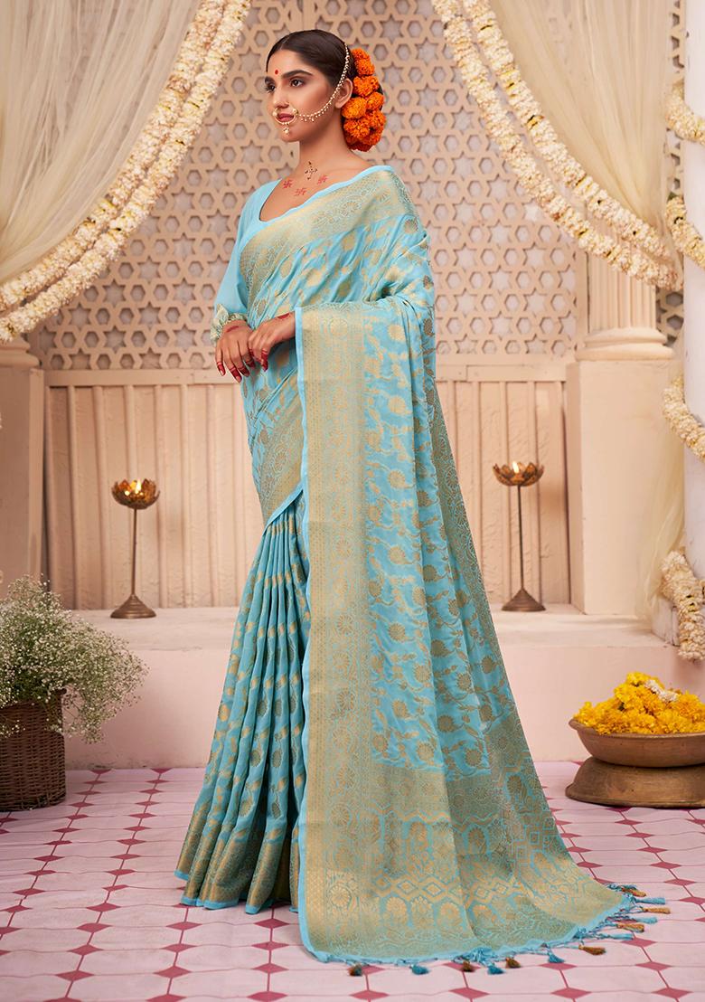  Light Blue Zari Embroidered Banarasi Silk Saree Set