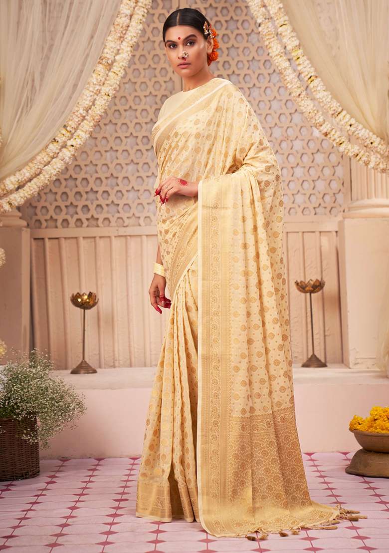 Off White Zari Embroidered Banarasi Silk Saree Set - Indya