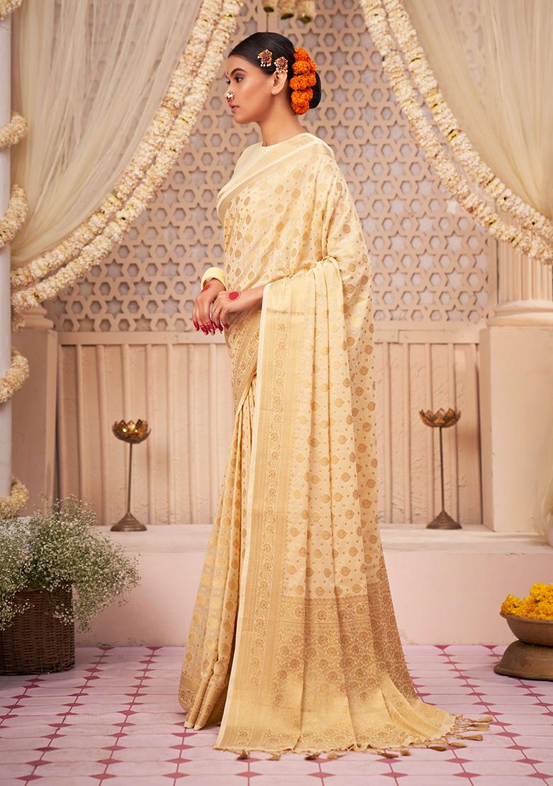 Off White Zari Embroidered Banarasi Silk Saree Set
