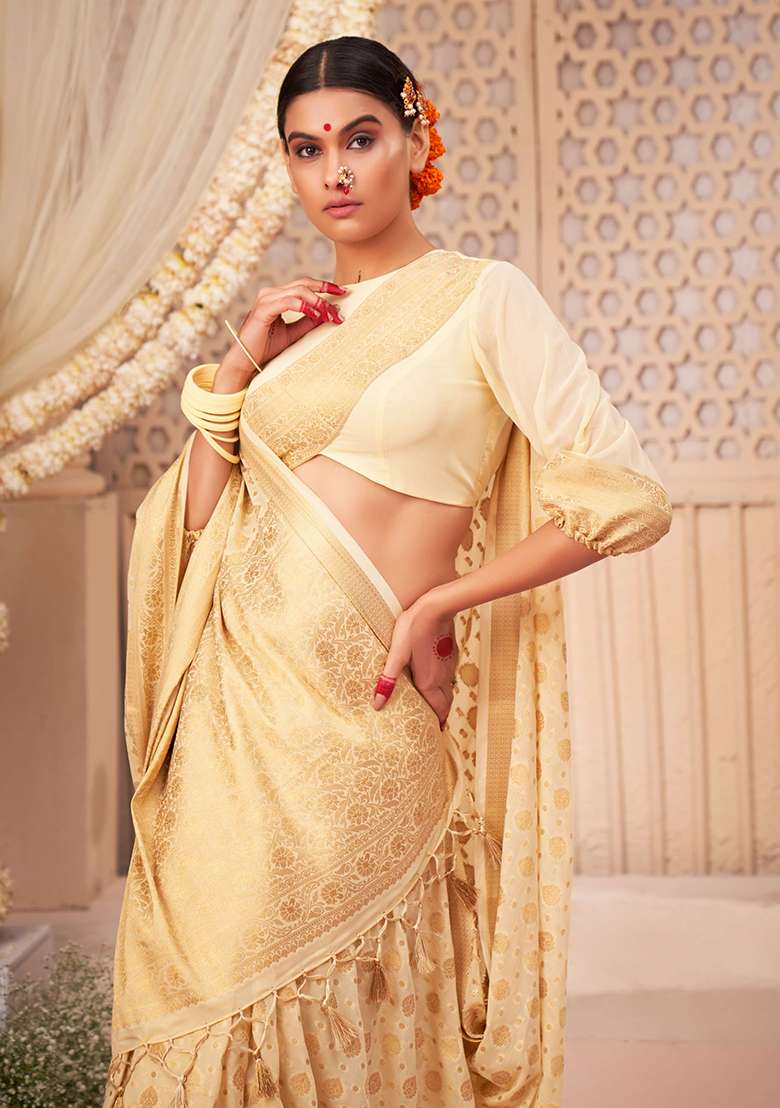 Off White Zari Embroidered Banarasi Silk Saree Set - Indya