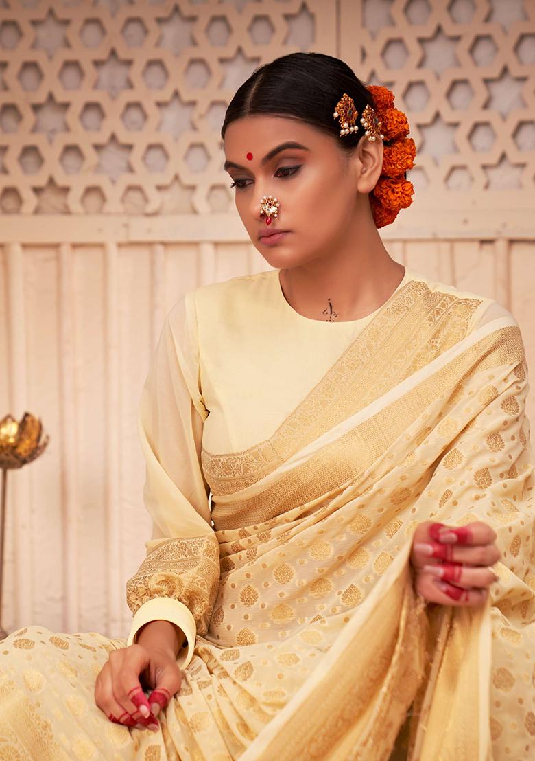 Off White Zari Embroidered Banarasi Silk Saree Set