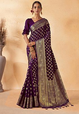 Purple  Zari Work Banarasi Silk Saree Set