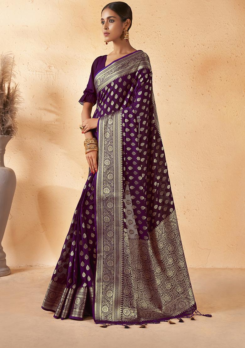 Purple  Zari Work Banarasi Silk Saree Set
