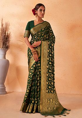 Dark Green Zari Work Banarasi Silk Saree Set