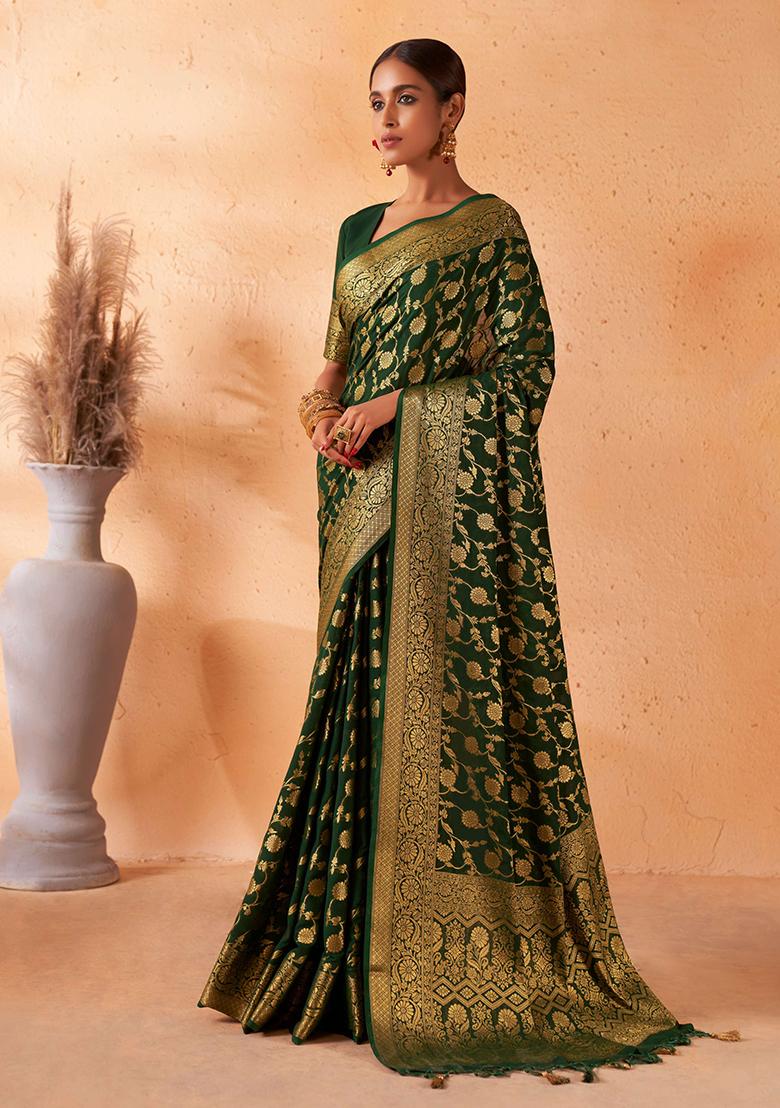 Dark Green Zari Work Banarasi Silk Saree Set