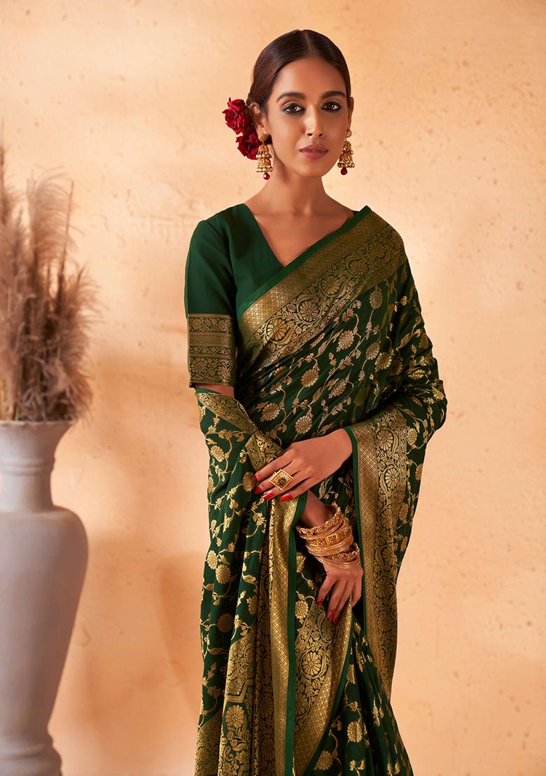 Dark Green Zari Work Banarasi Silk Saree Set
