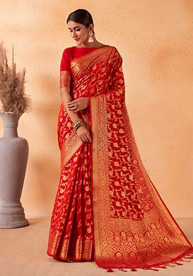 Red Zari Work Banarasi Silk Saree Set