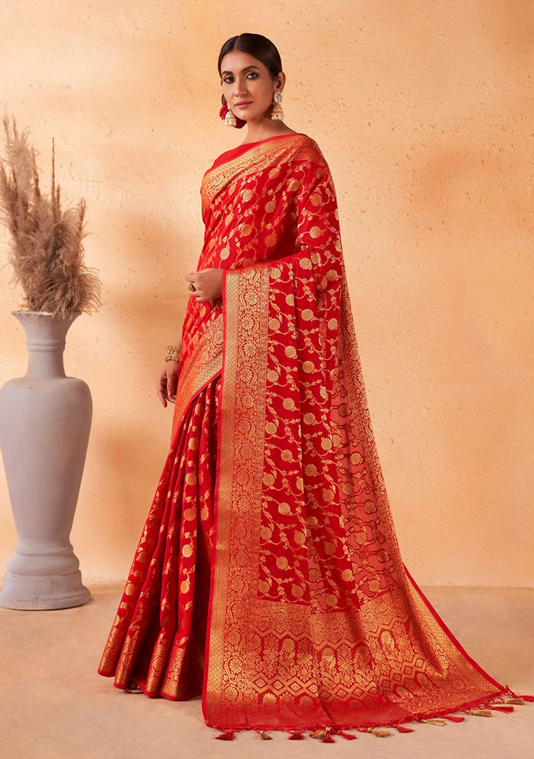 Red Zari Work Banarasi Silk Saree Set