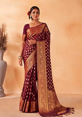 Maroon Zari Work Banarasi Silk Saree Set