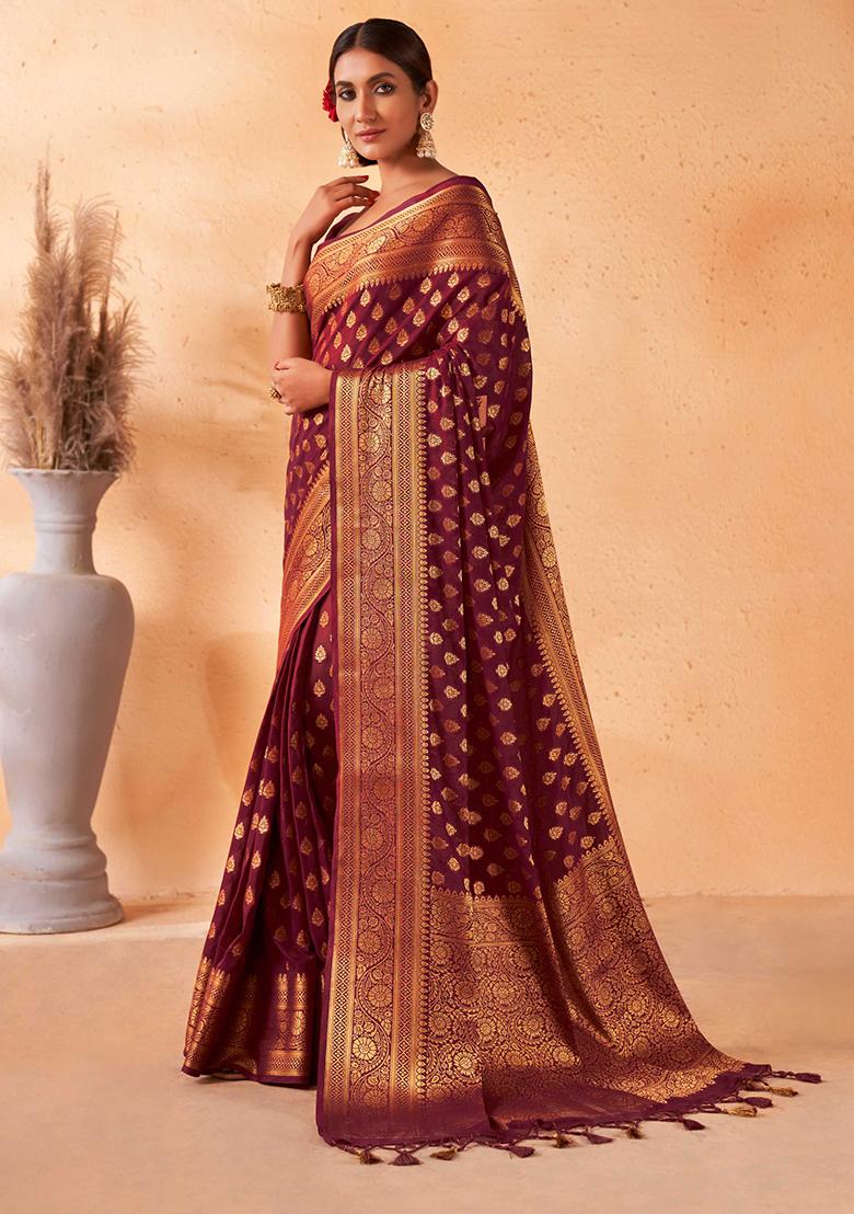 Maroon Zari Work Banarasi Silk Saree Set