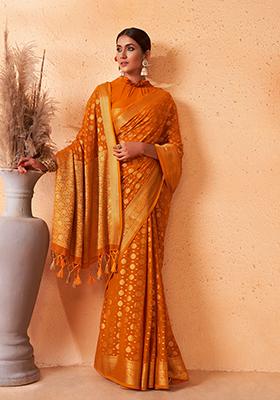 Mustard Yellow Zari Work Banarasi Silk Saree Set
