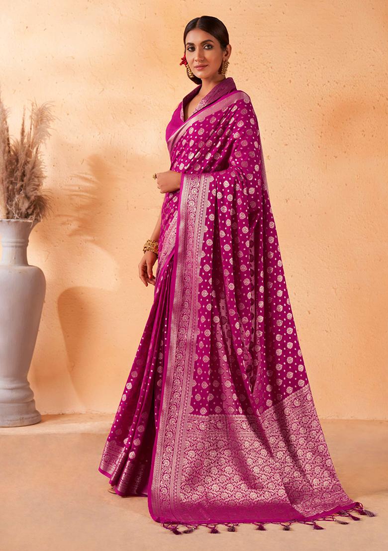 Pink Zari Work Banarasi Silk Saree Set