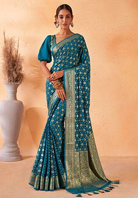 Teal Blue  Zari Work Banarasi Silk Saree Set