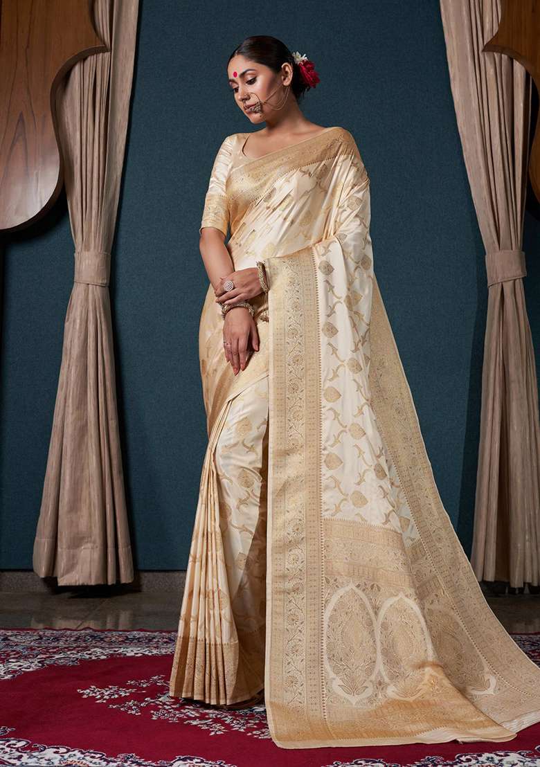 Off White Zari Work Satin Saree Set for Diwali and Festive Wear - Indya